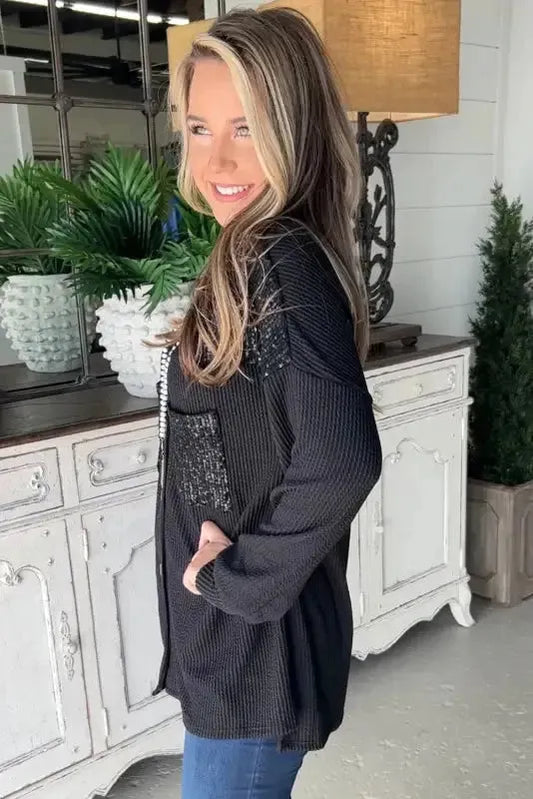 Black Sequin Patch Chest Pocket Corded Shacket - Fashionfitz