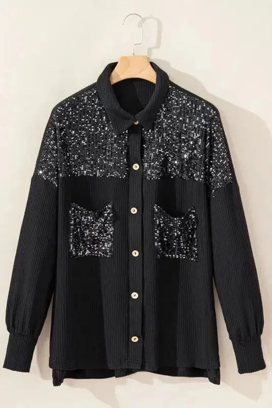 Black Sequin Patch Chest Pocket Corded Shacket - Fashionfitz