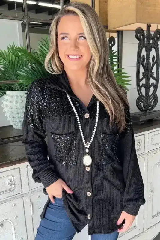 Casual styling of Black Sequin Patch Corded Shacket Overshirt for women, ideal for western-inspired autumn outfits with glam detail.