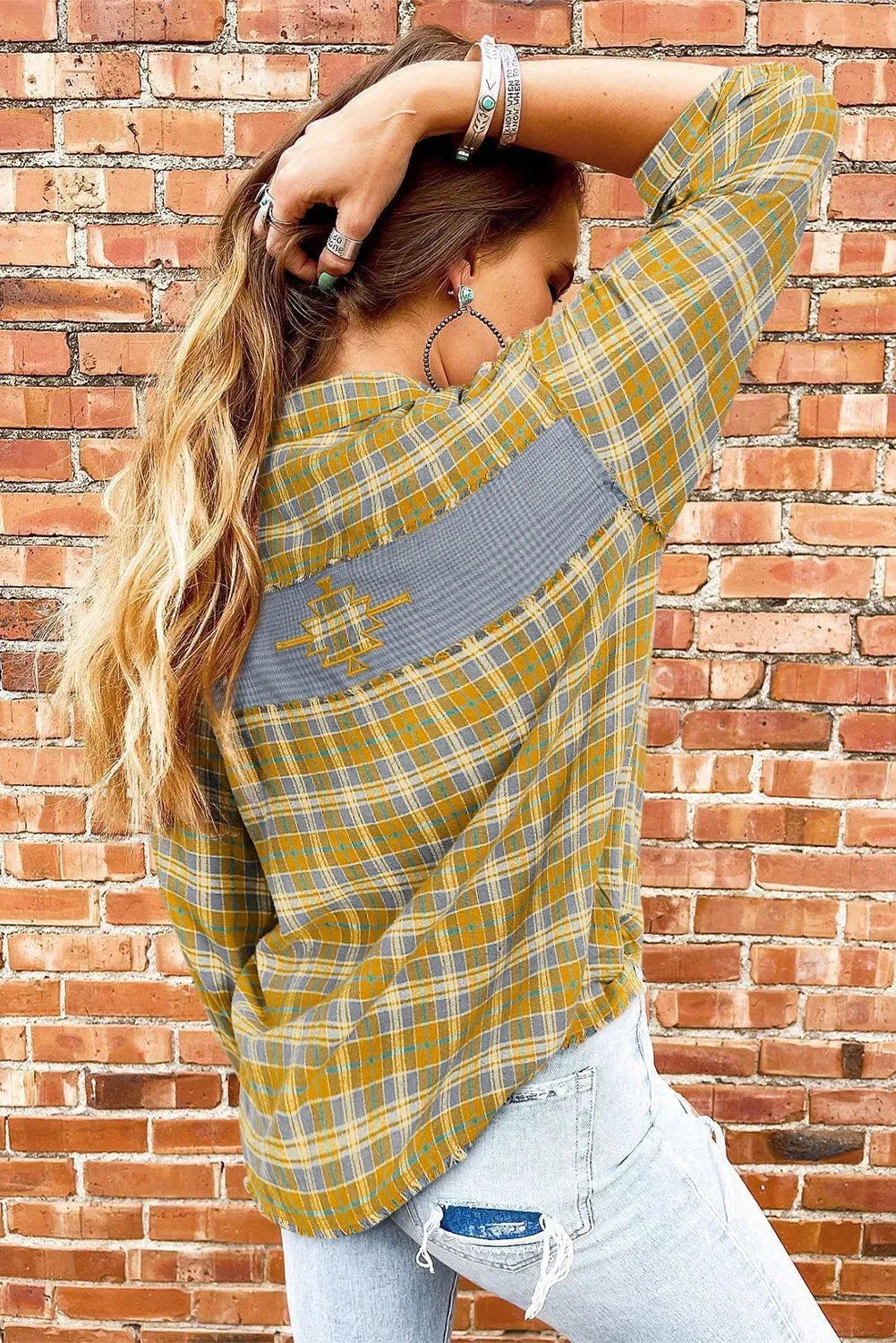 Ginger Plaid Embroidery Patch Button-Down Shacket - Fashionfitz