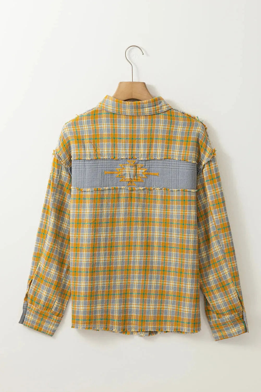 Ginger Plaid Embroidery Patch Button-Down Shacket - Fashionfitz