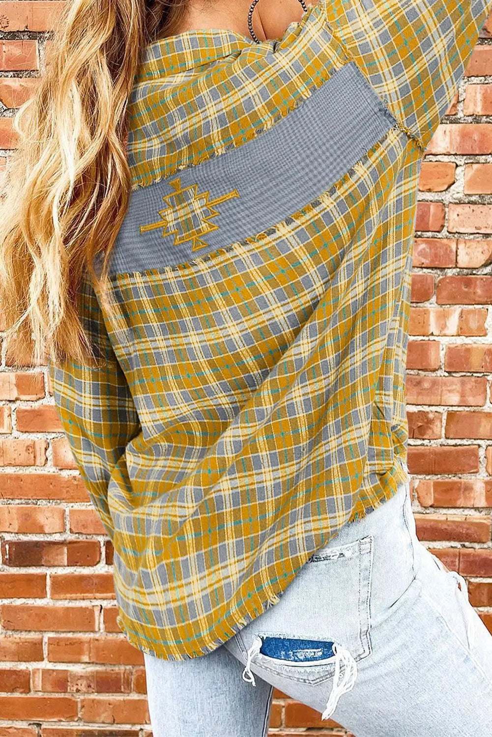 Ginger Plaid Embroidery Patch Button-Down Shacket - Fashionfitz