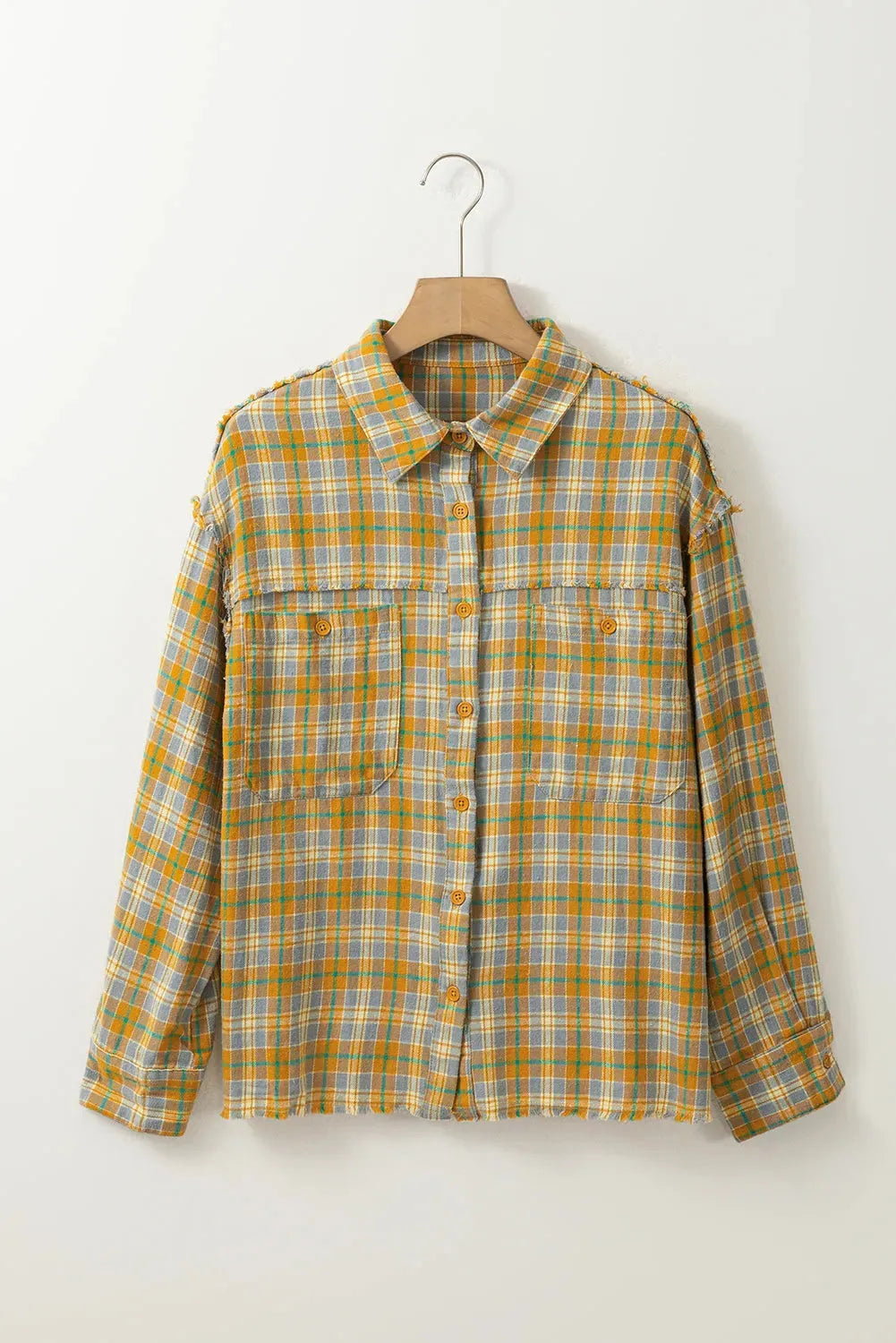 Ginger Plaid Embroidery Patch Button-Down Shacket - Fashionfitz
