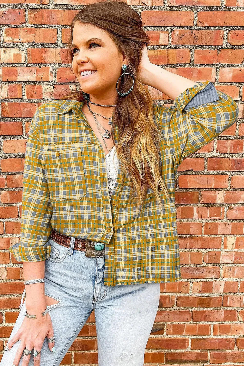 Ginger Plaid Embroidery Patch Button-Down Shacket - Fashionfitz