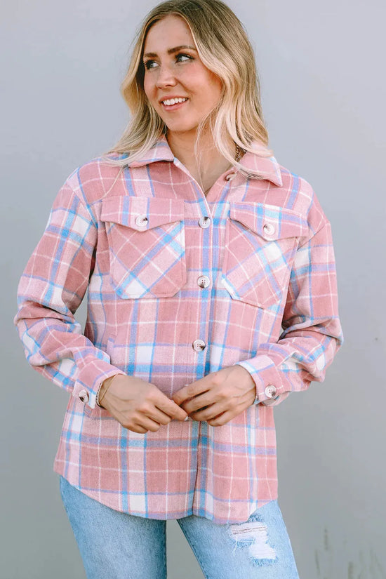 Pink Plaid Flap Pocket Flannel Shacket - Fashionfitz