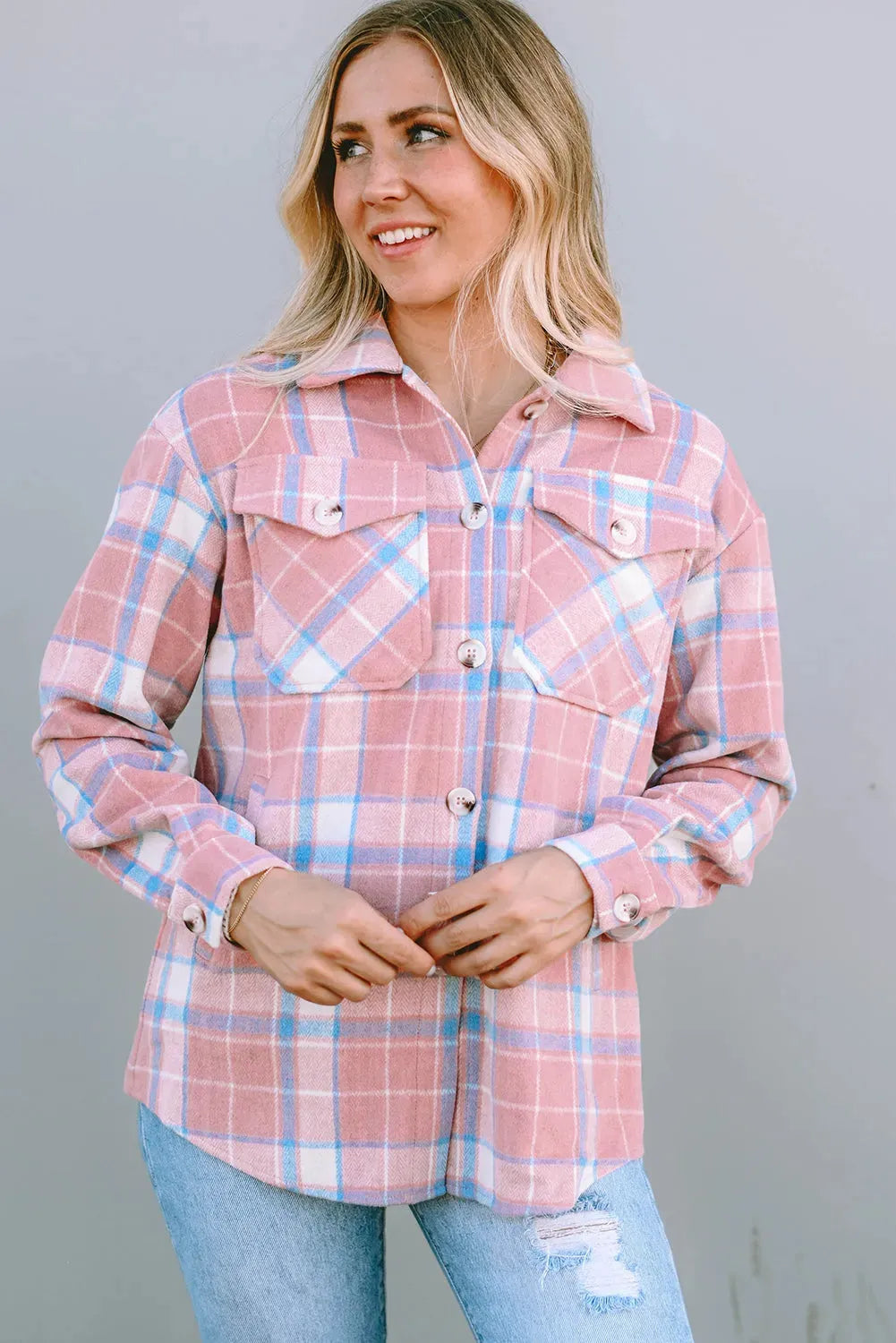 Pink Plaid Flap Pocket Flannel Shacket - Fashionfitz
