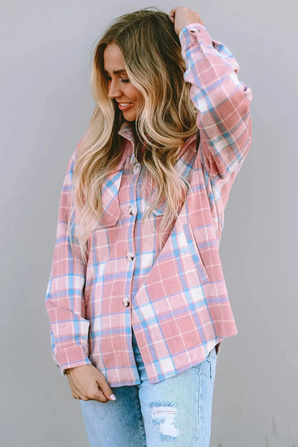 Pink Plaid Flap Pocket Flannel Shacket - Fashionfitz