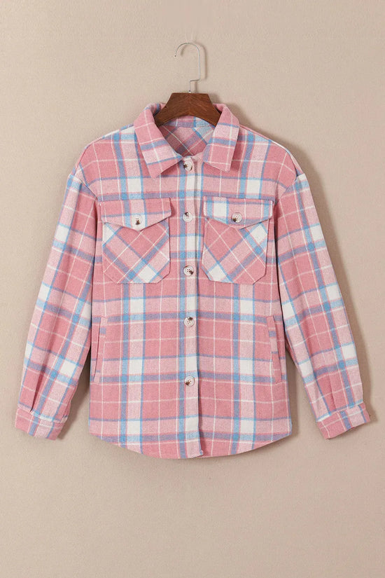 Pink Plaid Flap Pocket Flannel Shacket - Fashionfitz