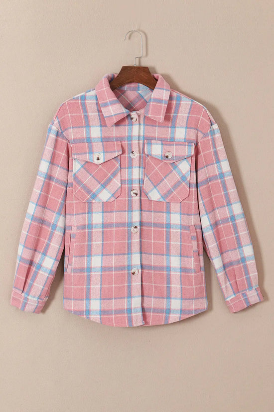 Pink Plaid Flap Pocket Flannel Shacket - Fashionfitz