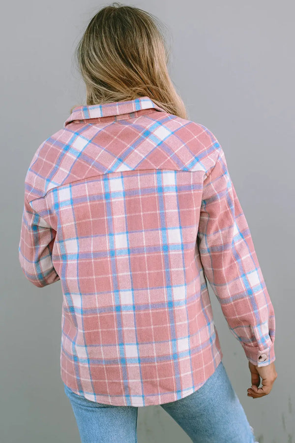 Pink plaid flannel shacket back view — Fashionfitz UK