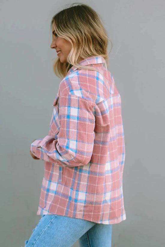 Pink Plaid Flap Pocket Flannel Shacket - Fashionfitz