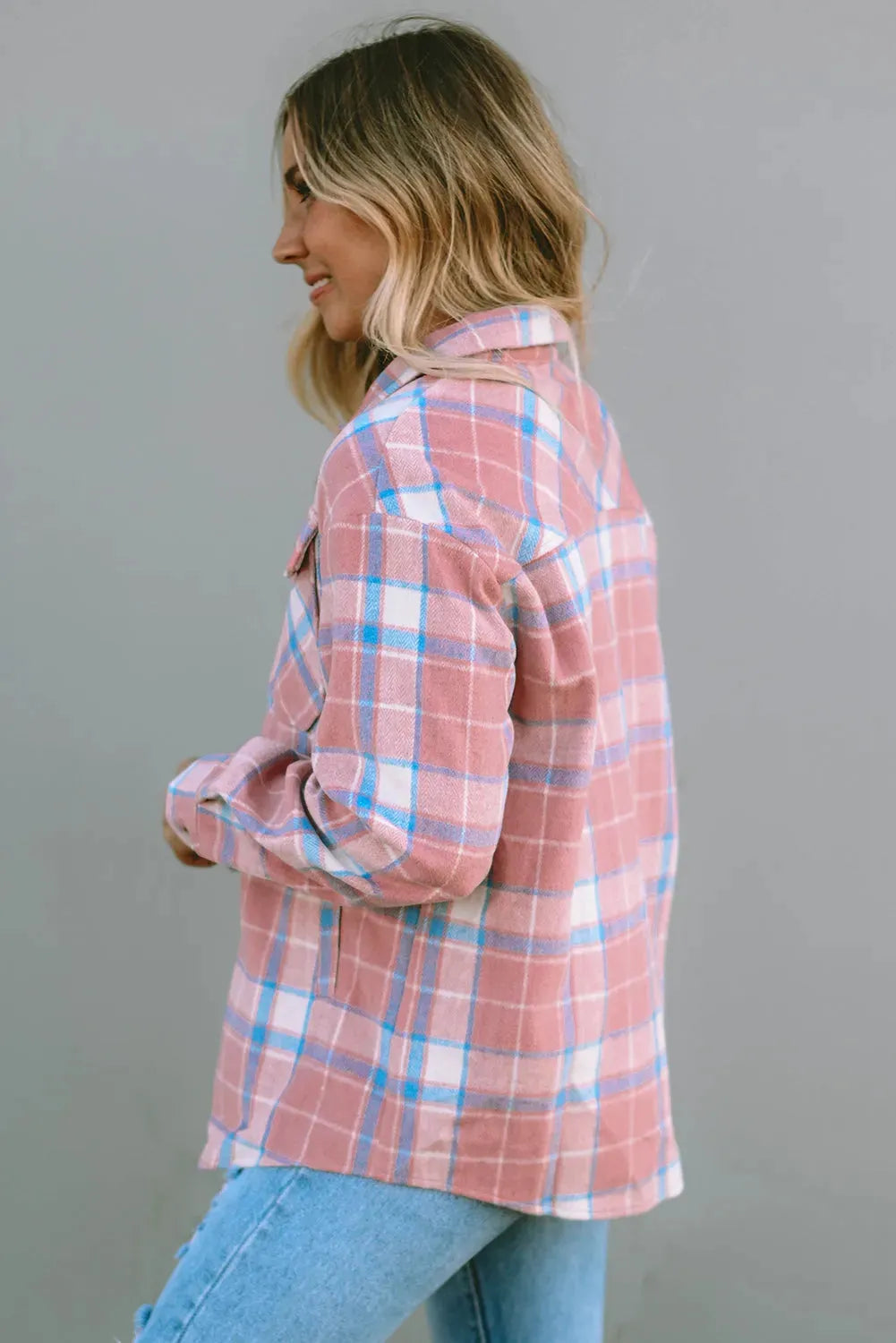 Pink Plaid Flap Pocket Flannel Shacket - Fashionfitz