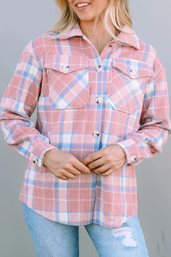 Pink Plaid Flap Pocket Flannel Shacket - Fashionfitz