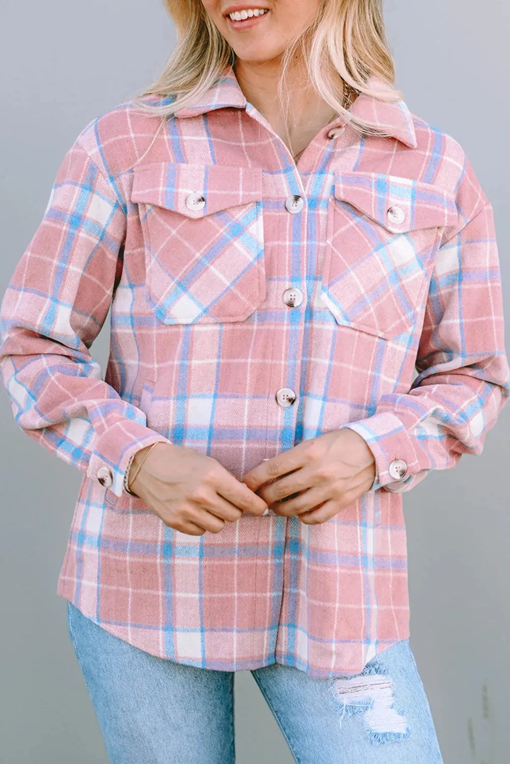 Pink Plaid Flap Pocket Flannel Shacket - Fashionfitz