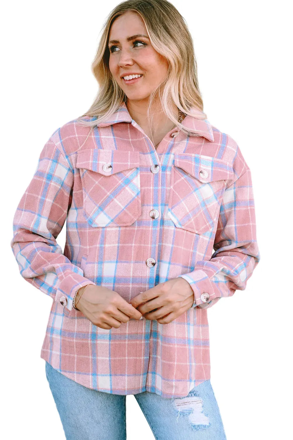 Pink Plaid Flap Pocket Flannel Shacket - Fashionfitz