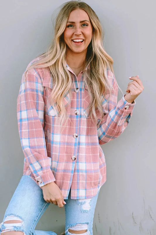 Pink Plaid Flap Pocket Flannel Shacket - Fashionfitz