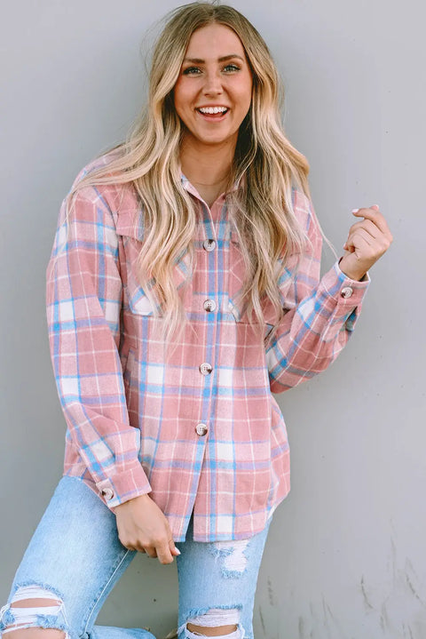 Pink plaid flap pocket flannel shacket front view — Fashionfitz UK