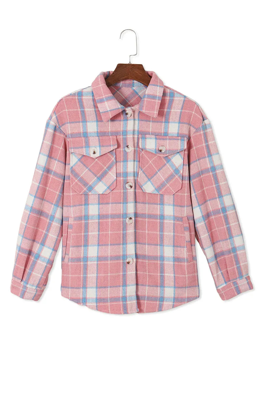 Pink Plaid Flap Pocket Flannel Shacket - Fashionfitz