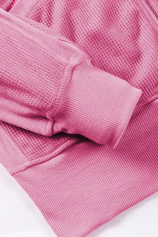 Rose Thermal Waffle Knit Full Zipper Hooded Jacket - Fashionfitz