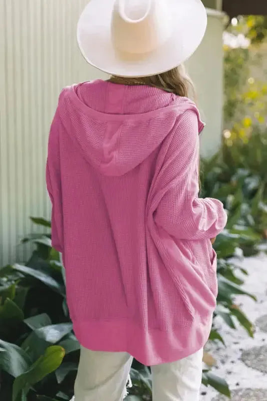 Rose Thermal Waffle Knit Full Zipper Hooded Jacket - Fashionfitz