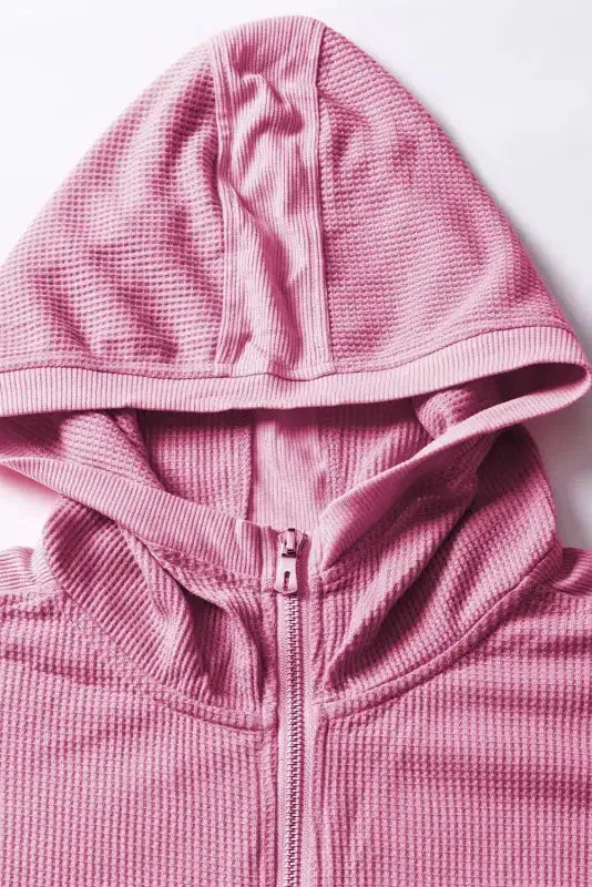 Rose Thermal Waffle Knit Full Zipper Hooded Jacket - Fashionfitz