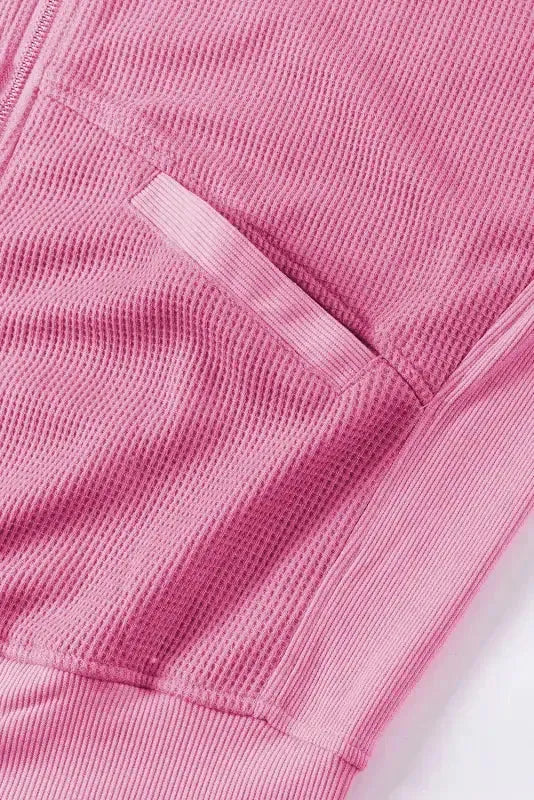 Rose Thermal Waffle Knit Full Zipper Hooded Jacket - Fashionfitz