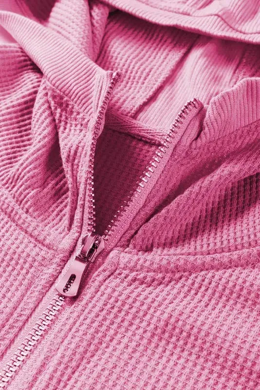 Rose Thermal Waffle Knit Full Zipper Hooded Jacket - Fashionfitz
