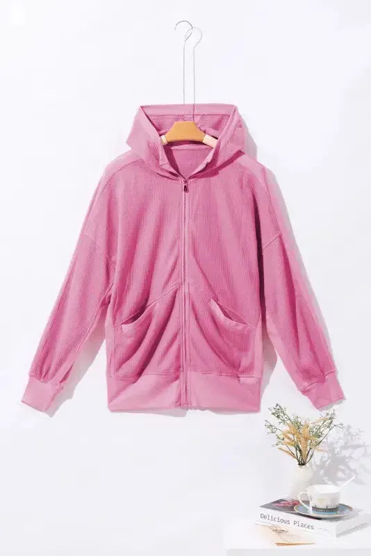 Rose Thermal Waffle Knit Full Zipper Hooded Jacket - Fashionfitz