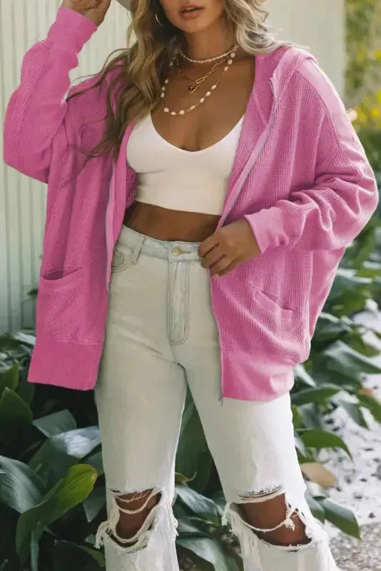 Rose Thermal Waffle Knit Full Zipper Hooded Jacket - Fashionfitz