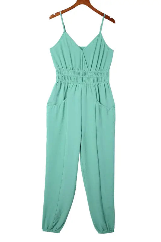 Green shirred high waist sleeveless v neck jumpsuit - jumpsuits & rompers