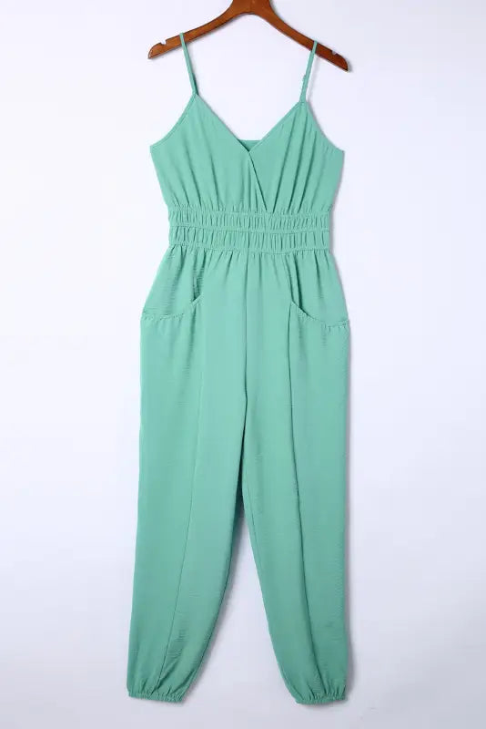 Green shirred high waist sleeveless v neck jumpsuit - jumpsuits & rompers