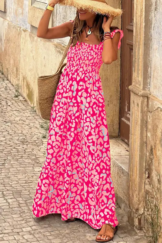 Joy maxi dress - pink leopard ruffle straps smocked high waist - s / 80% viscose + 20% polyamide - dresses/maxi dresses