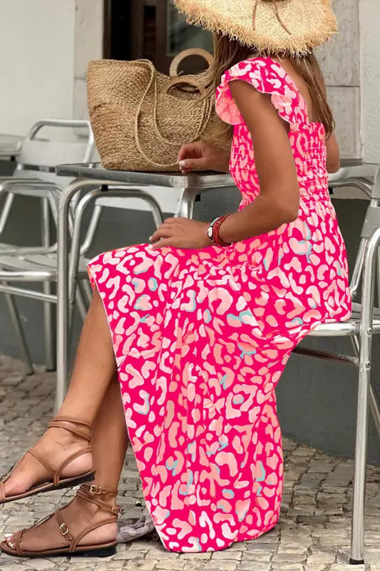 Joy maxi dress - pink leopard ruffle straps smocked high waist - dresses/maxi dresses