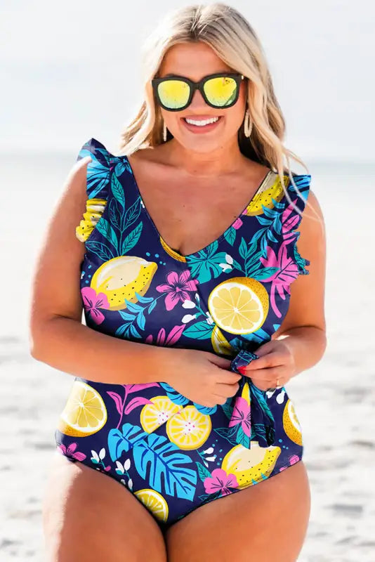 Joy plus size one-piece swimsuit v-neck ruffled relax