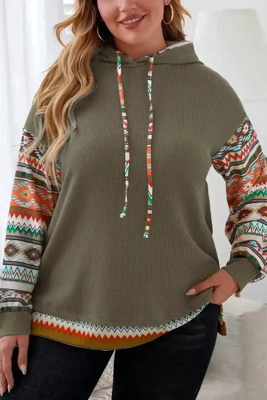 Jungle Green Aztec Patchwork Sleeve Waffle Drawstring Plus Hoodie - Fashionfitz
