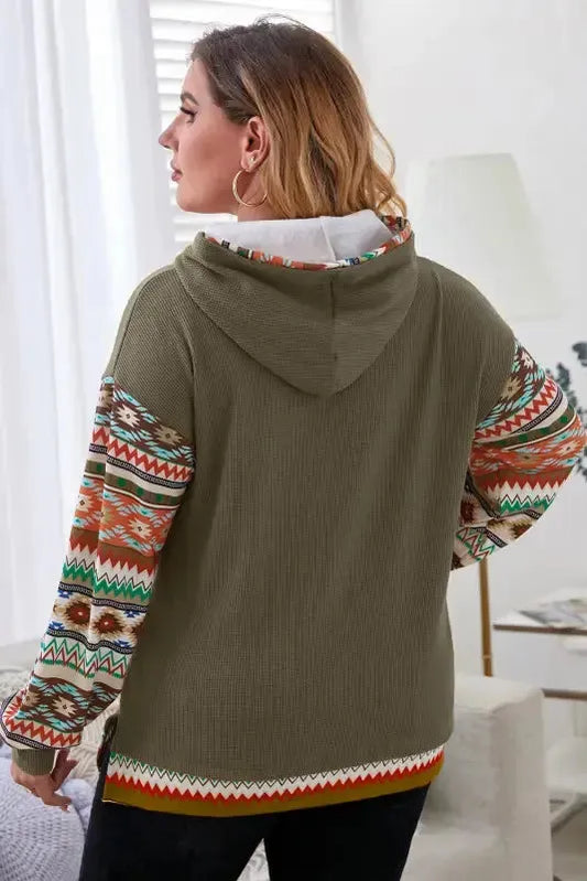 Jungle Green Aztec Patchwork Sleeve Waffle Drawstring Plus Hoodie - Fashionfitz