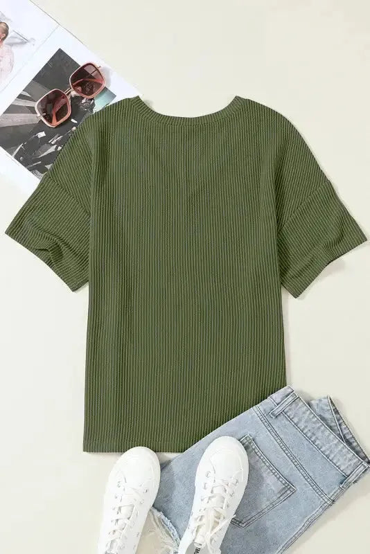 Jungle Green Corded V Neck Chest Pocket Loose T-shirt - Fashionfitz