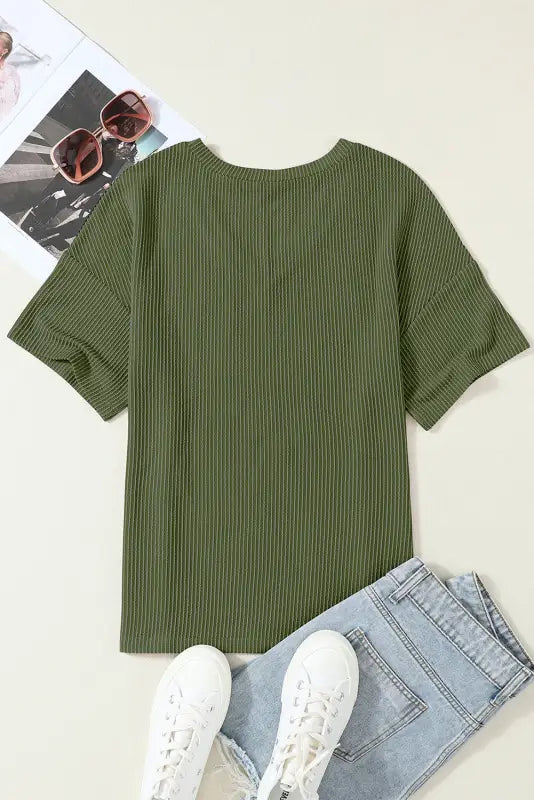 Jungle green corded v neck chest pocket loose t-shirt - t-shirts