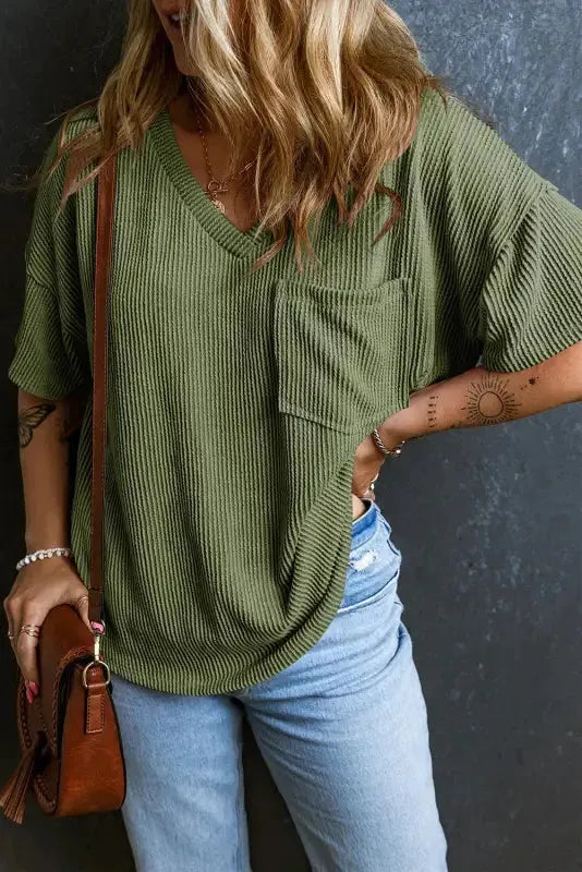 Jungle Green Corded V Neck Chest Pocket Loose T-shirt - Fashionfitz