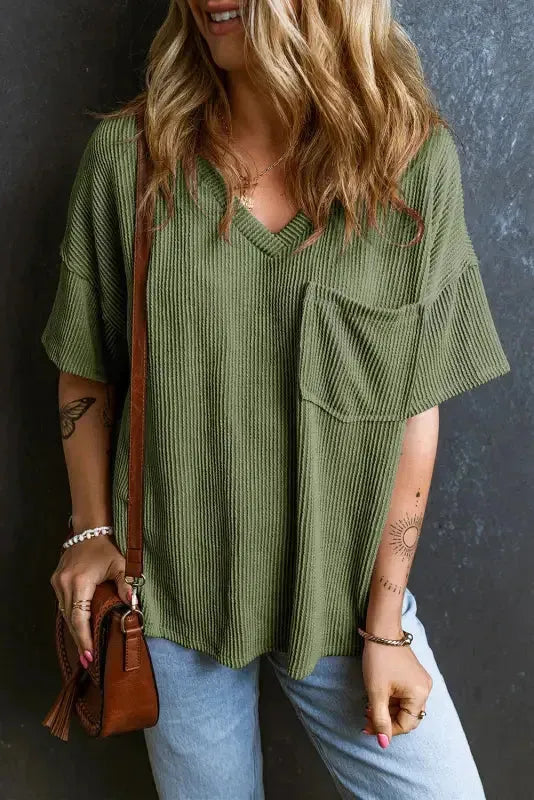 Jungle Green Corded V Neck Chest Pocket Loose T-shirt - Fashionfitz
