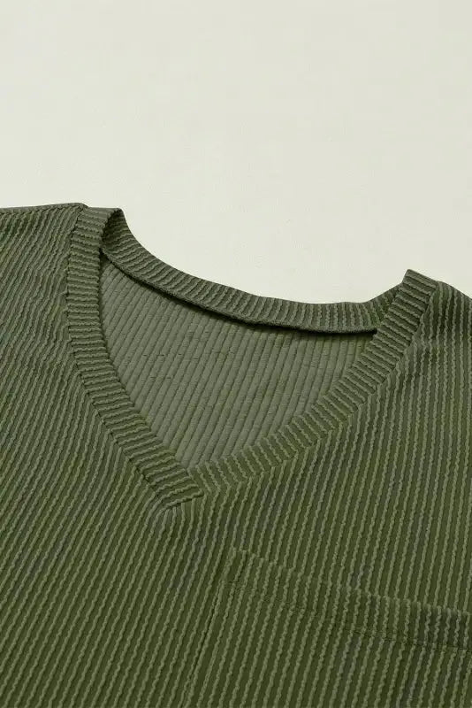 Jungle Green Corded V Neck Chest Pocket Loose T-shirt - Fashionfitz