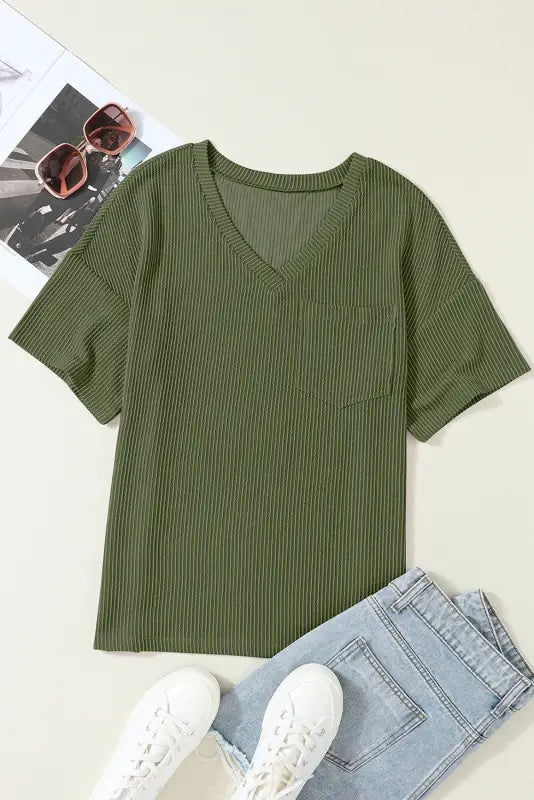 Jungle green corded v neck chest pocket loose t-shirt - t-shirts