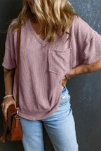 Mauve pink corded V-neck loose T-shirt for women, featuring relaxed fit and chest pocket, perfect for casual layering and comfort.