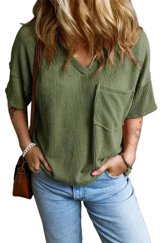Jungle Green Corded V Neck Chest Pocket Loose T-shirt - Fashionfitz