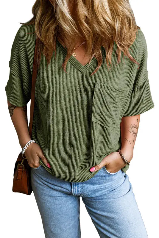 Jungle green corded v neck chest pocket loose t-shirt - t-shirts