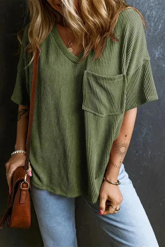 Jungle Green Corded V Neck Chest Pocket Loose T-shirt - Fashionfitz