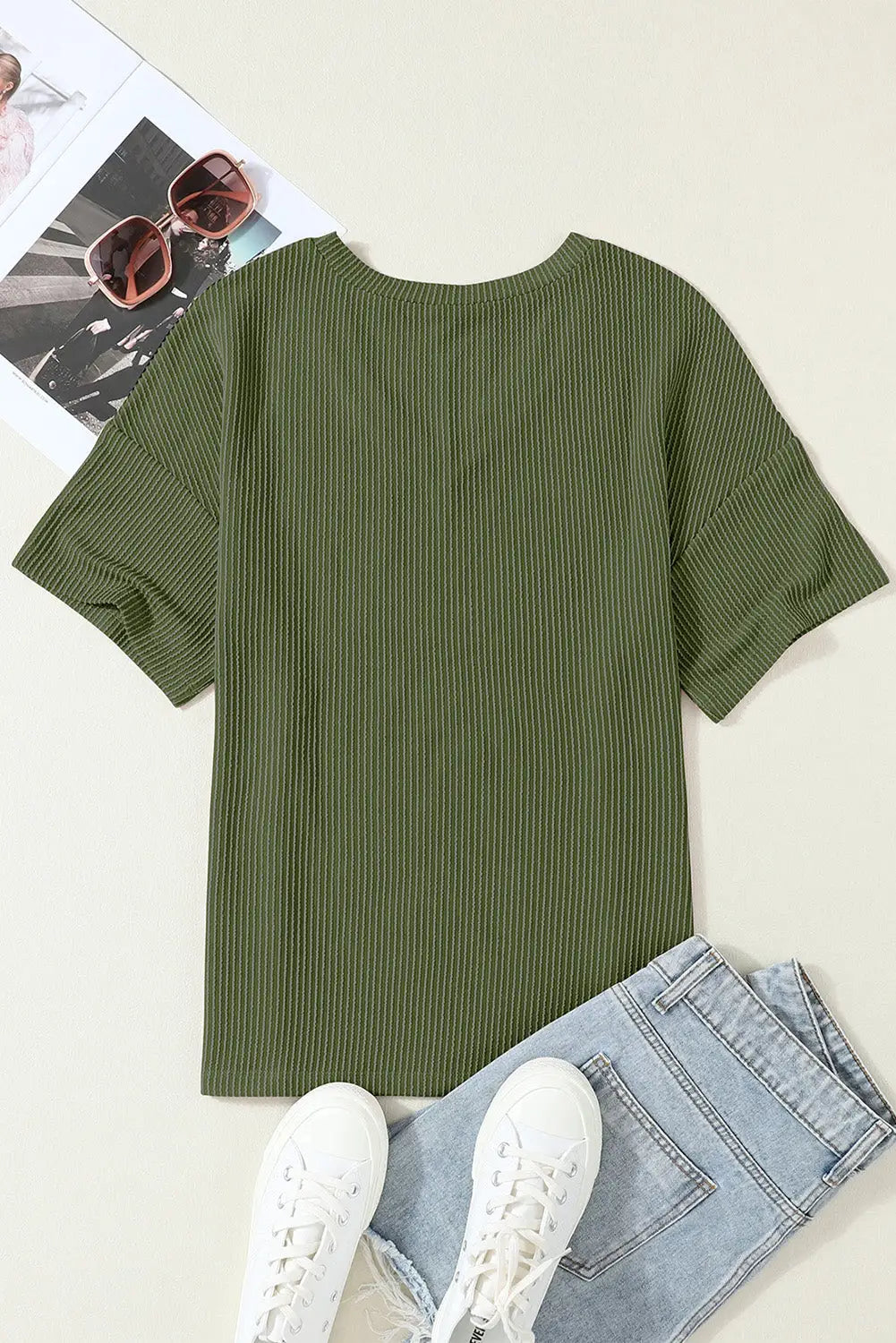Jungle green corded v neck chest pocket loose t-shirt - t-shirts