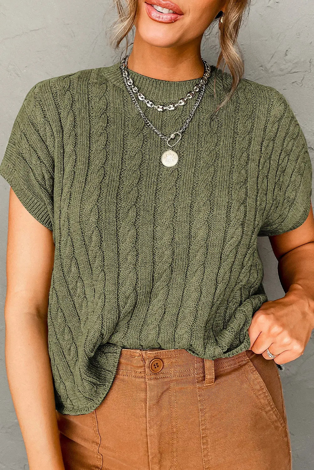 Jungle green crew neck cable knit short sleeve sweater - l / 55% acrylic + 45% cotton - sweaters & cardigans