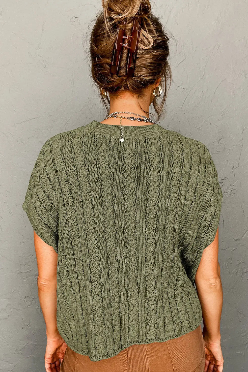 Jungle green crew neck cable knit short sleeve sweater - sweaters & cardigans