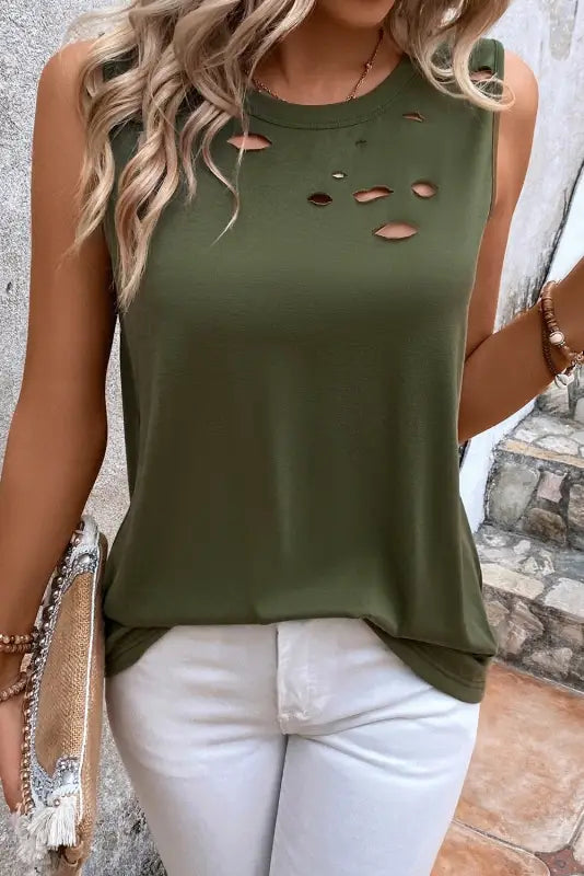 Jungle green distressed tank top - s / 65% polyester + 30% viscose + 5% elastane - tops/tank tops